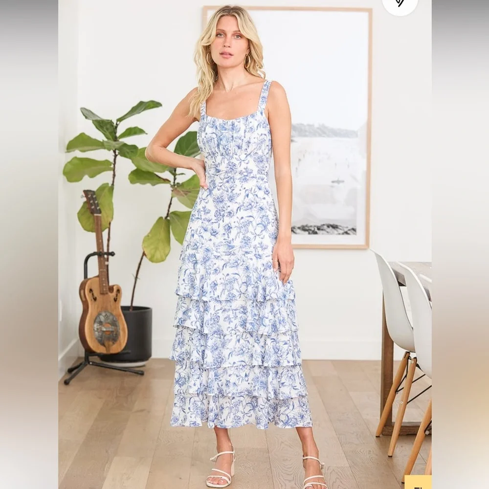 Lulu's For the Frill of It White Floral Print Ruffled Maxi Dress / Size Small - Picture 2 of 8